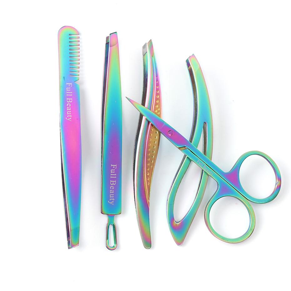 5pcs Stainless Steel Chameleon Eyebrow Tweezers Rainbow Extension Trimmer Clip Hair Scissor Manicure