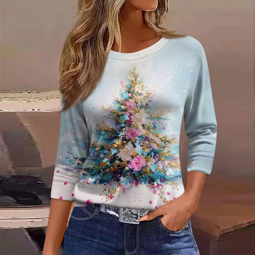 Women's Fashionable Casual Three Quarter Sleeve Christmas Printed Round Neck Top