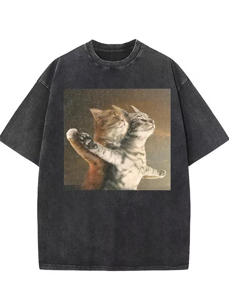 Funny Meme Cat Graphic TShirt Oversized Retro Washed Tee for Men Women Travel Daily Vacation Casual Street Outfits Streetwear