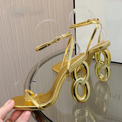 Fashion Gold Open Toe Heeled Sandals Women 2024 Summer Fashion Fretwork High Heels Shoe Buckle Strap Wedding Party Pumps Slingback Heels