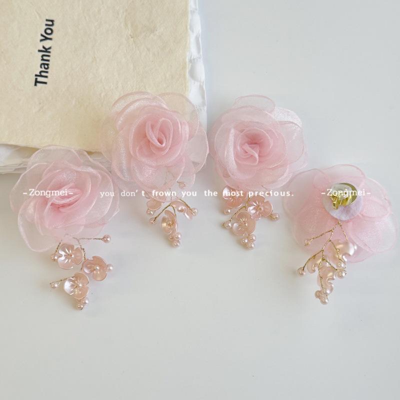 Pink Flower Tassel Clip-On Earrings - Elegant, Fairy-Inspired Design for Women