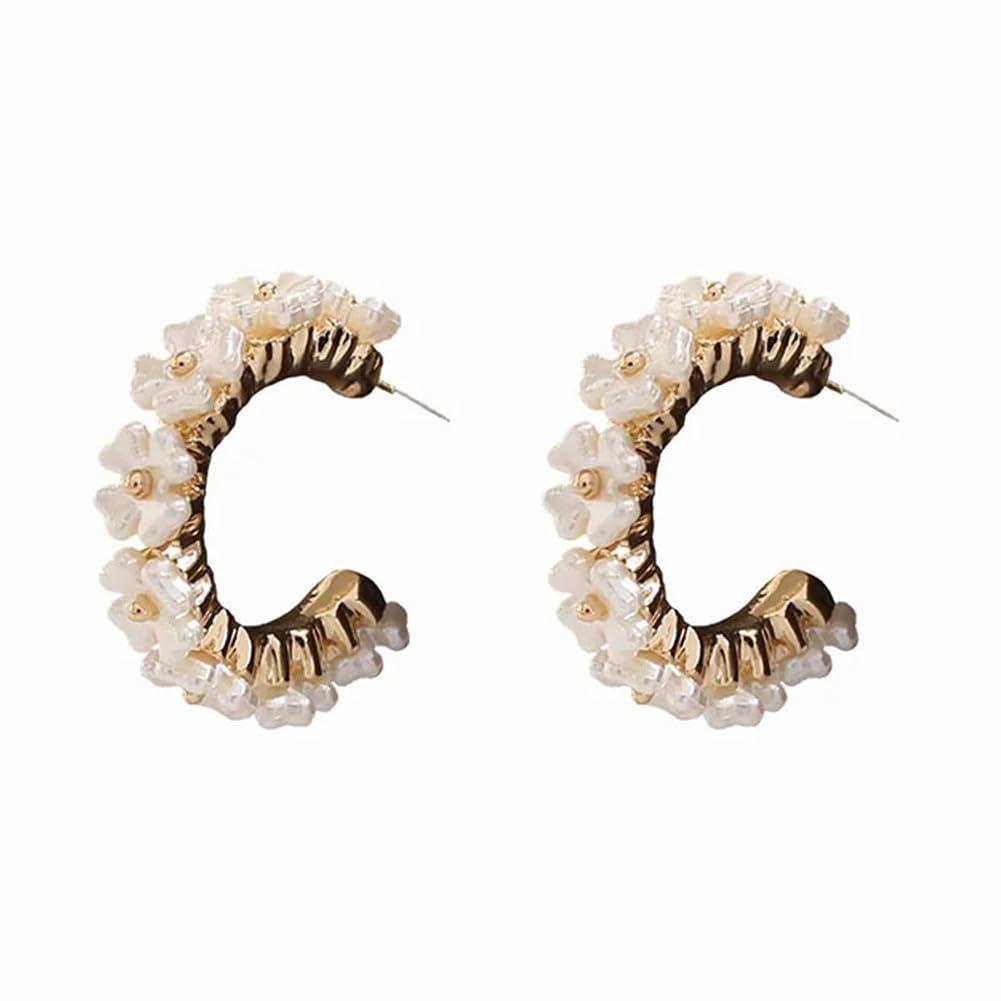 Последние милые романтичные элегантные белые серьги-кольца с цветами | Стильные серьги из ракушек и смолы с нежными жемчужными цветами и цирконами | Модные универсальные украшения