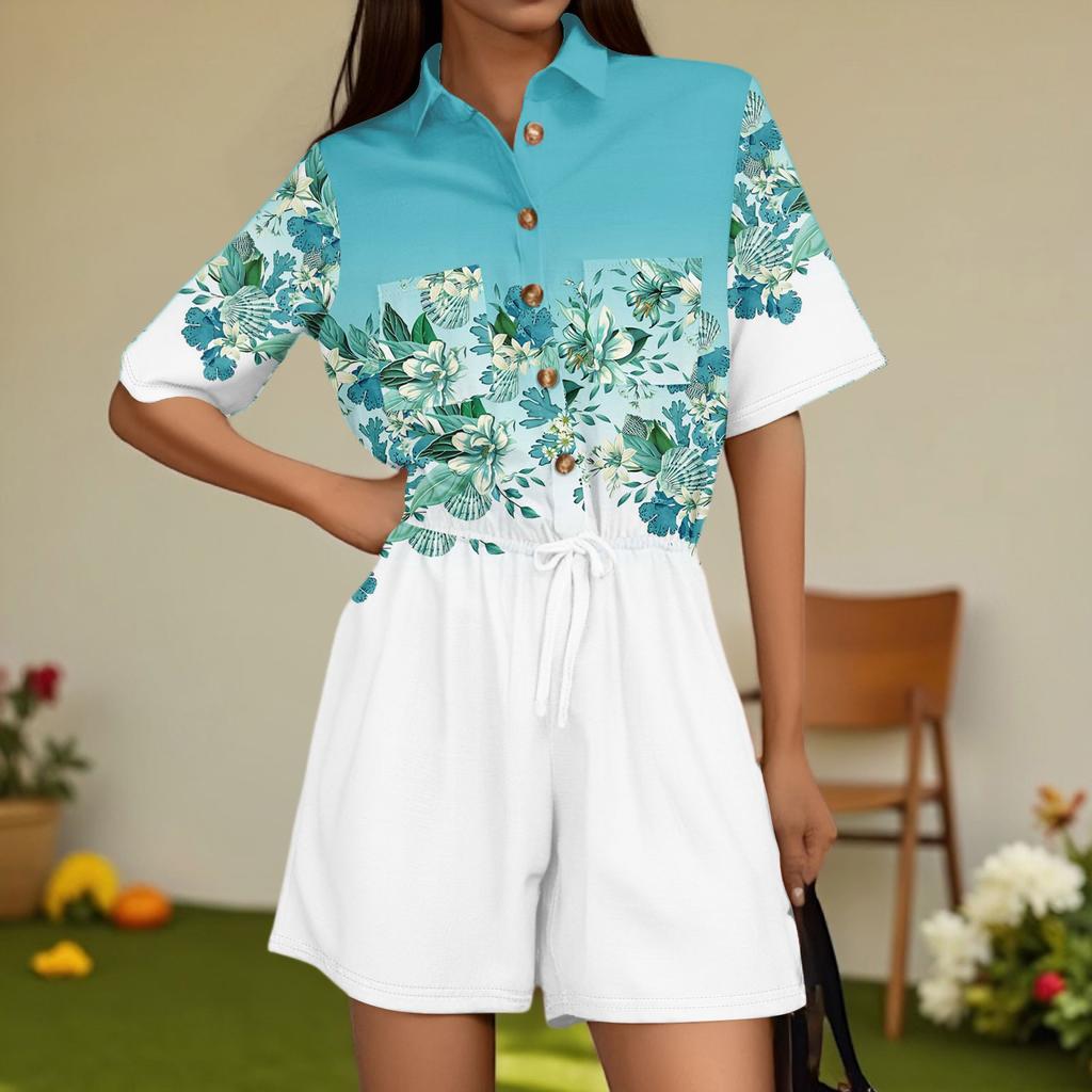 Damenmode V-Ausschnitt Jumpsuit Karomuster Lässig Kurzarm Top Jumpsuit