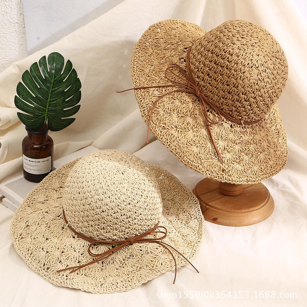 Summer Solid Handmade Crochet Paper Straw Bucket Hat For Women Wide Brim Belt Butterfly Beach Sunshade Breathable Fisherman Cap