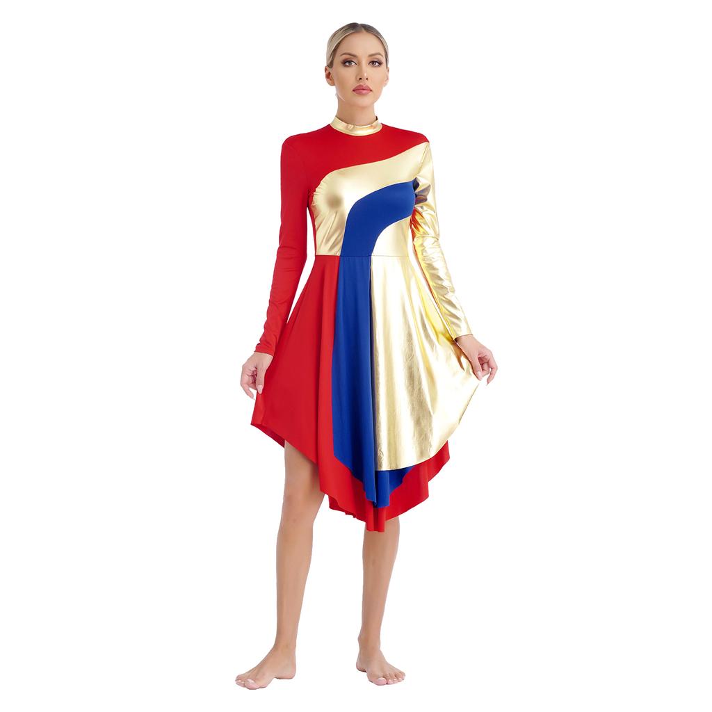 Vestido de Dança Litúrgica Feminino Gola Alta Manga Longa Patchwork Cor Contrastante Bainha Curva Vestido de Adoração