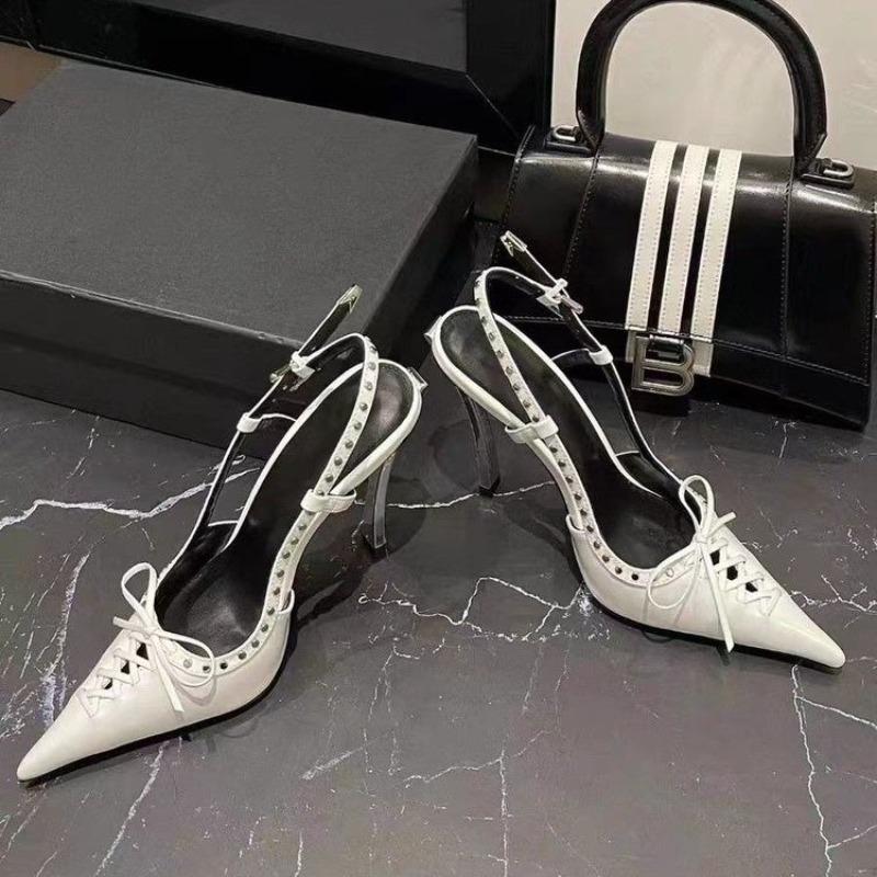 Fashion 2025 New Summer Pointed Toe Shallow Mouth Lace-Up Bow Studded Heels Stiletto Heel White Temperament Sandals Women