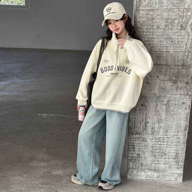 Korean Style Half-Zip Stand Collar Girls' Hoodie - Spring/Autumn Fashion