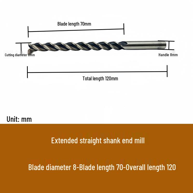 High-Speed Steel Extended Straight Shank Three-Flute End Mill, 2.5-10mm, White Steel
