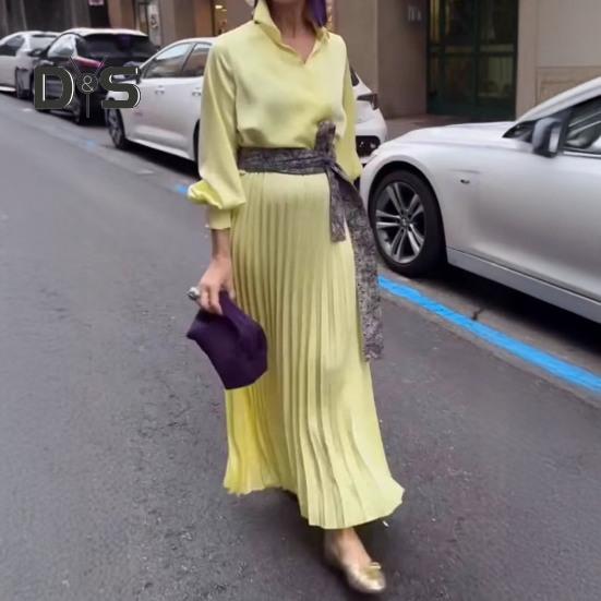 Women Dress Lapel V-Neck Long Sleeve Lace-up High Waist Long Dress Solid Color Pleated Hem Shirt Dress