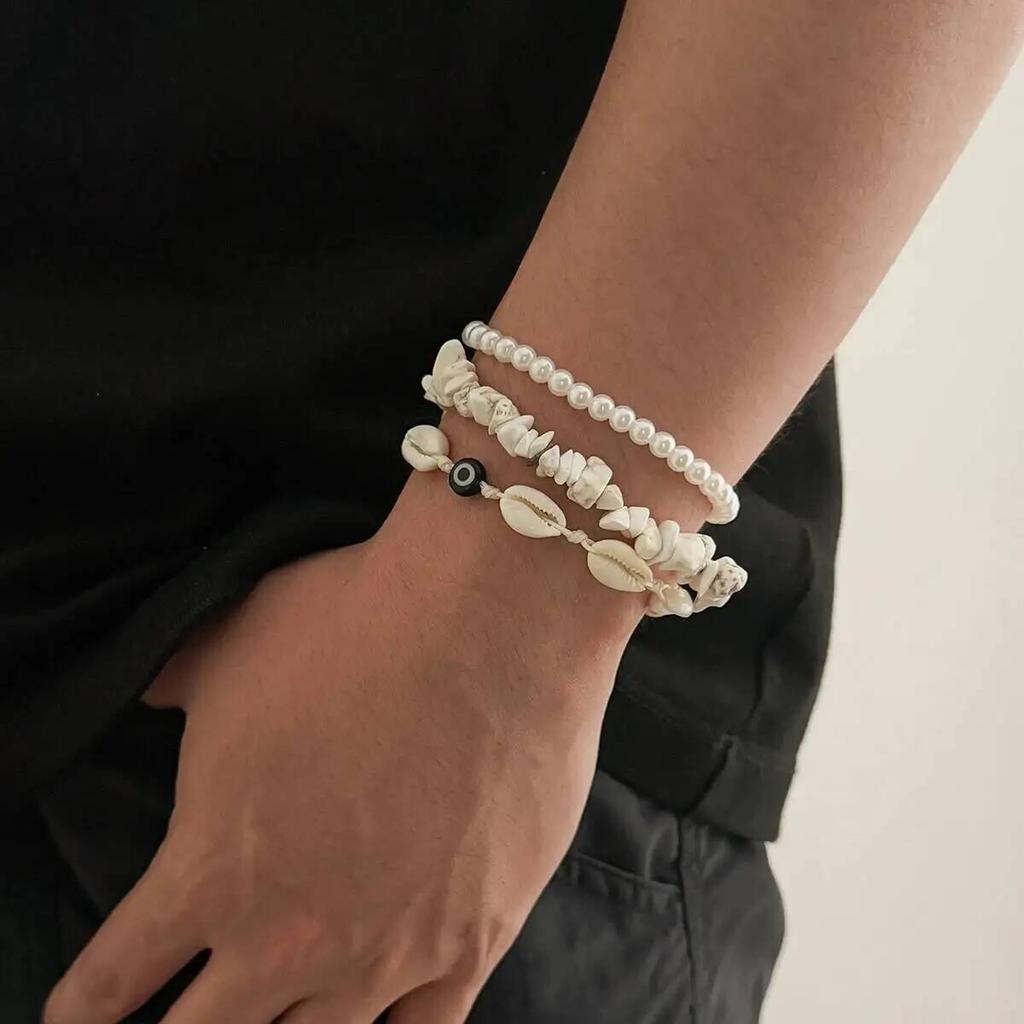 SHIXIN 3Pcs/Set Bohemian Scallop Imitation Pearls Bracelet for Women Summer Beach Multilayer Stacked Bangle Party Jewelry Gifts
