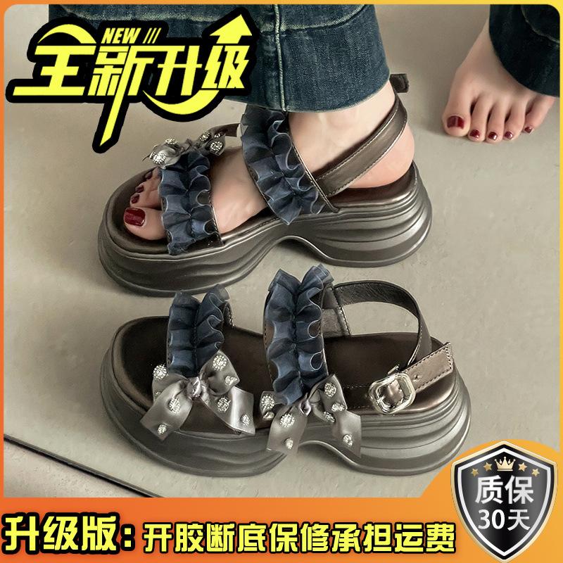 Gentle bow lace thick-soled cool slippers women's new skirt beach sandals