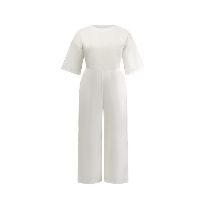 Women's Round Neck Five-point Sleeve Pockets Solid Color Long Jumpsuit