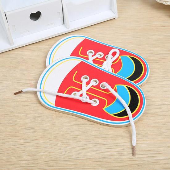 Wooden Threading Lacing Shoes Training Board Kids Toddler Early Learning Toy