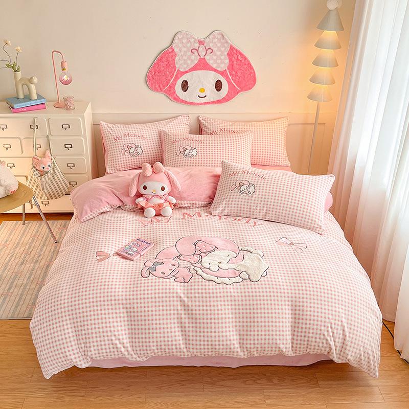 Cat Thickened Milk Fleece Four-Piece Set Cartoon Sticker Embroidered Fleece Quilt Cover Student Three-Piece Set