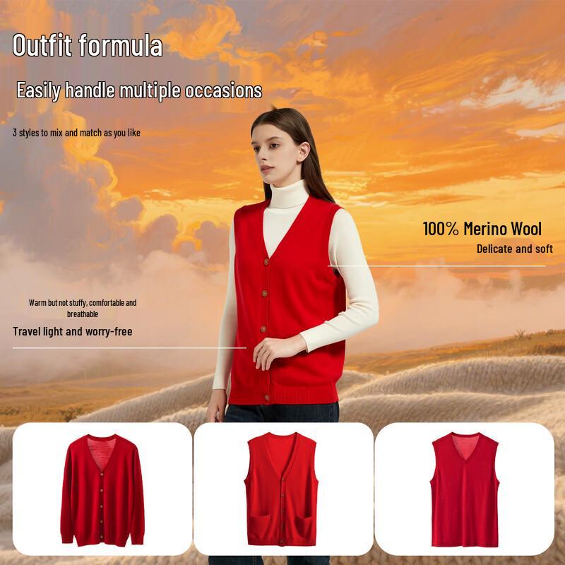 Hengyuanxiang Women's V-Neck Worsted Pure Wool Vest