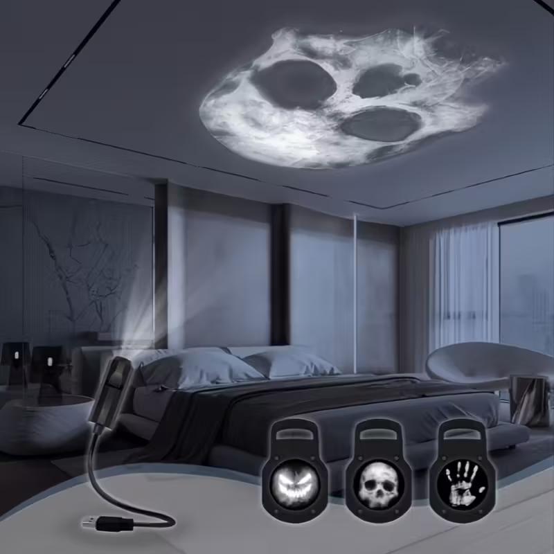 Halloween USB Projector Light Skull NightLight Ghost LED Lamp 360Degree Rotating Switchable Pattern Design Dark & Night Ambianc
