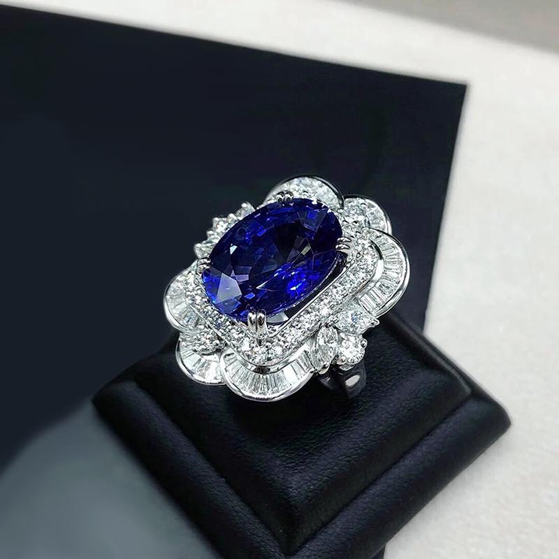 Huitan Luxury Women Wedding Rings with Oval Blue CZ Aesthetic Flower Design Ring for Engagement Party Temperament Lady Jewelry