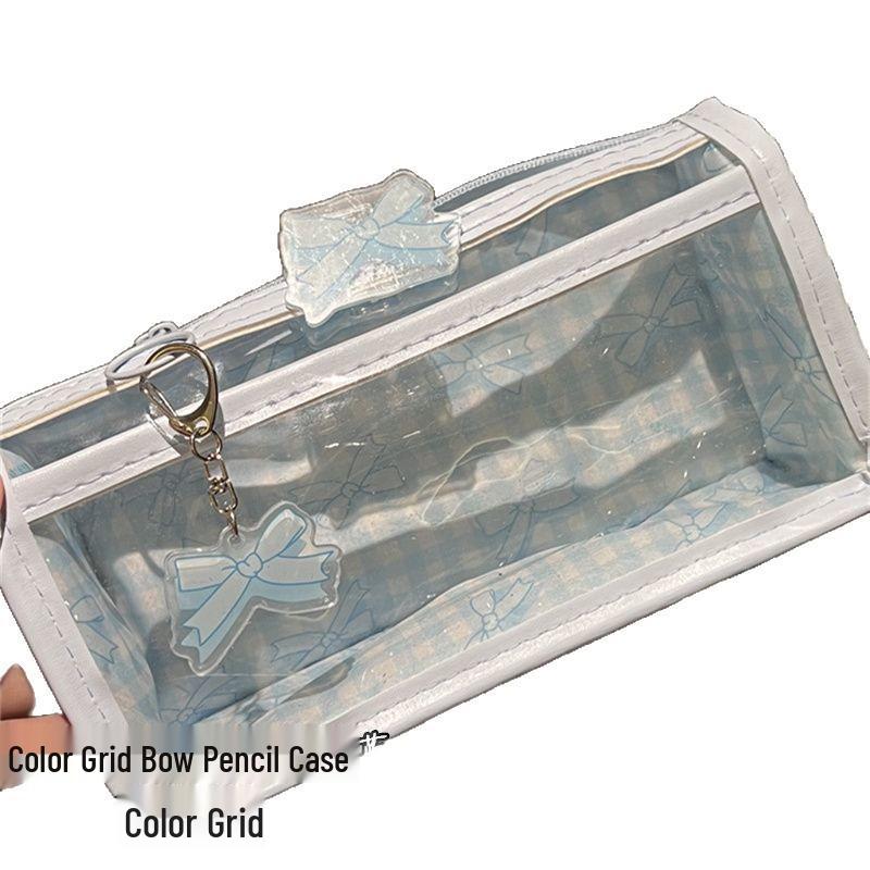 Blue Plaid Double-Layer Transparent Pencil Case - Stylish, Spacious, Portable Stationery Storage for Girls