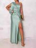 2026 Summer New European and American Women's Clothing Diagonal Collar Shoulder Sleeve Pleated Waist Split Sexy Dress