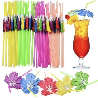 50 Pieces Hawaiian Cocktails Umbrella Straws Umbrella Straws for Drinks Summer Beach Luau Tropical Drinks Party Decorations Supply(Hibiscus)