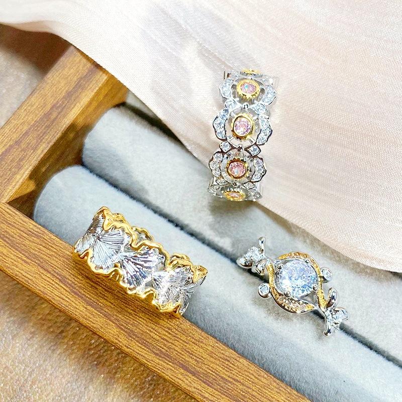 Schwerindustrie Zweifarbiger Blume Zirkon Mittelalterlich Vintage Offener Ring Leichter Luxus Nische High-End Gefühl Stapelring Frau