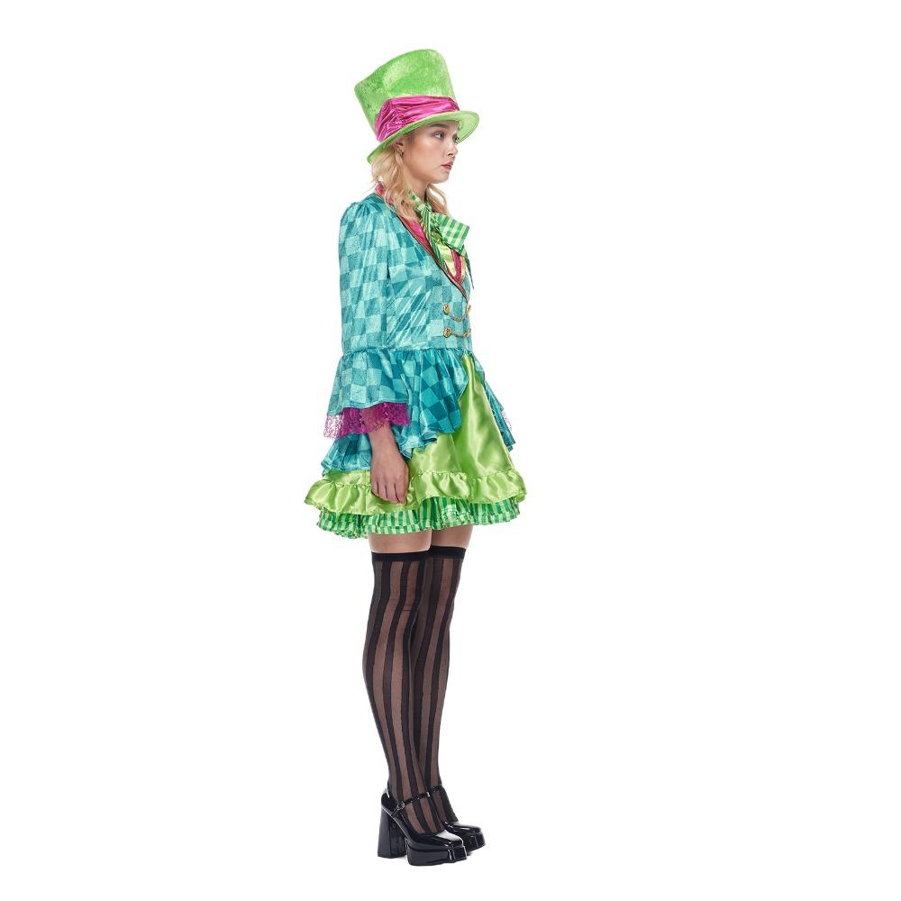 Women Alice In Wonderland Mad Hatter Halloween Costume Adult Medieval Mad Tea Party Cosplay with Bowtie Top Hat