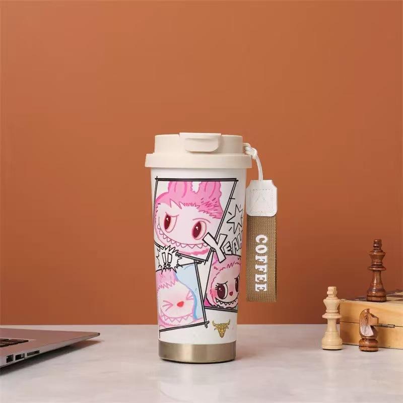 Labub 304 stainless steel thermos cup cartoon pattern portable lily of the valley cup girls high value with straw fashion