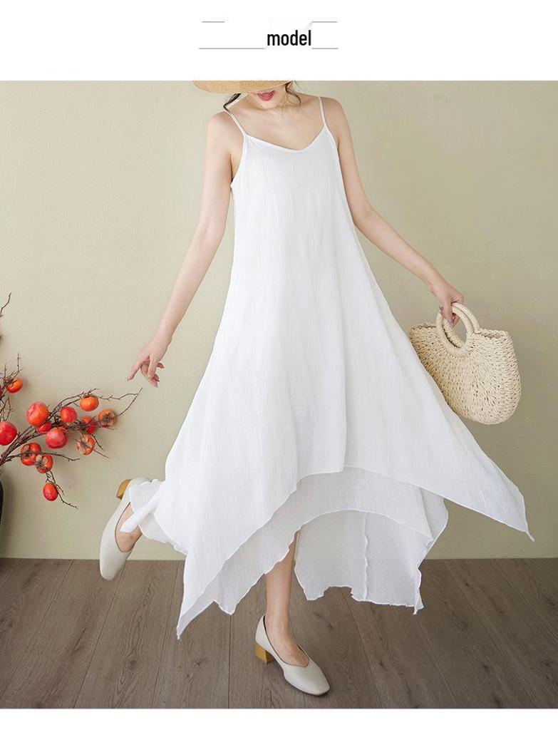 2025 Summer Cotton Linen Dual-Layer Midi Dress - Irregular Hem Literary Style