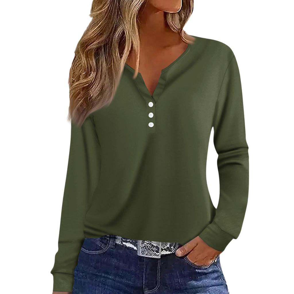 Women's T Shirt Tee Button Long Sleeve Daily Weekend Fashion Basic V- Neck Regular Top