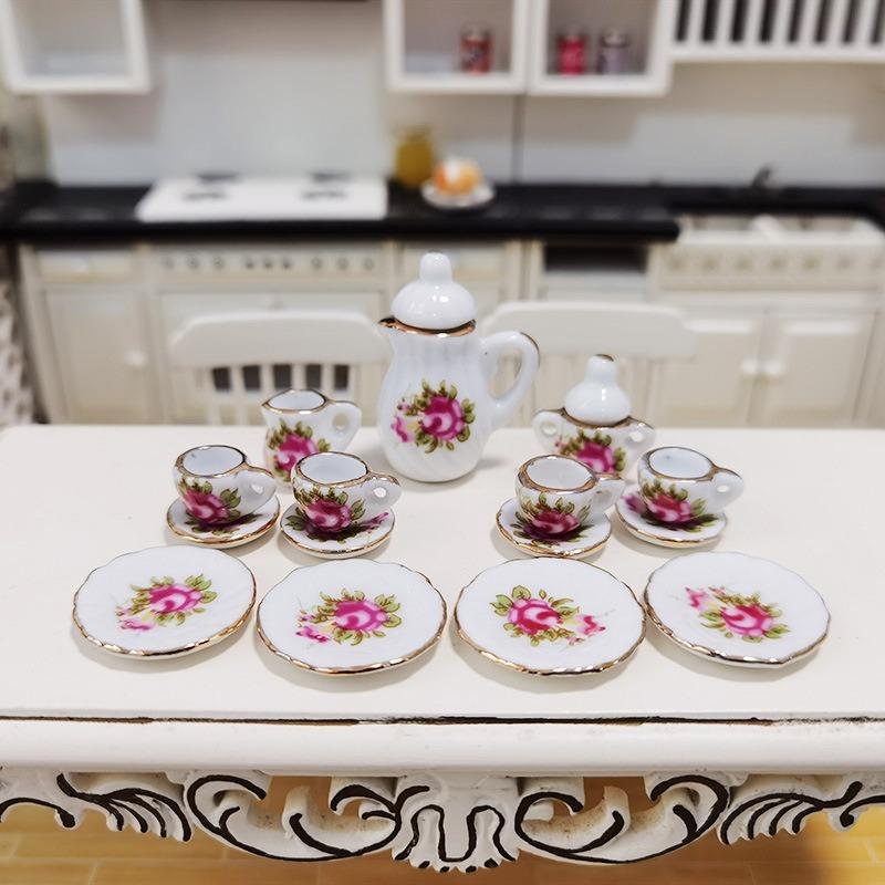 Mini Set da Tè in Ceramica da 15 Pezzi - Giocattolo Perfetto per Casa delle Bambole per Bambini - Piatti, Tazze e Cibo in Miniatura - Ottima Idea Regalo