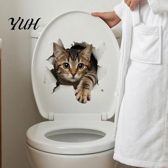 Decorative Stickers for Tiles And Cabinets 3D Realistic Cat Toilet Sticker, Waterproof PVC Lid Decal, Removable Moisture Proof Bathroom Wall