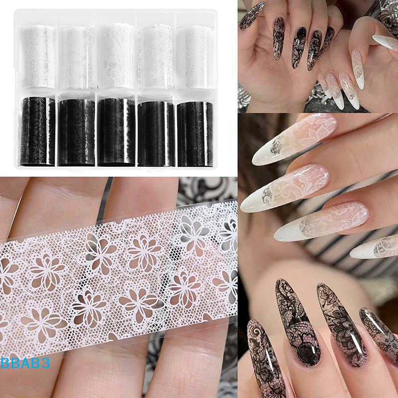 1/10 Rulle Elegant Svart Vit Spets Blomma Nagel Transfer Folier Fantasy Retro Blommig Stjärnklar Himmel Papper Klistermärke Manikyrtillbehör