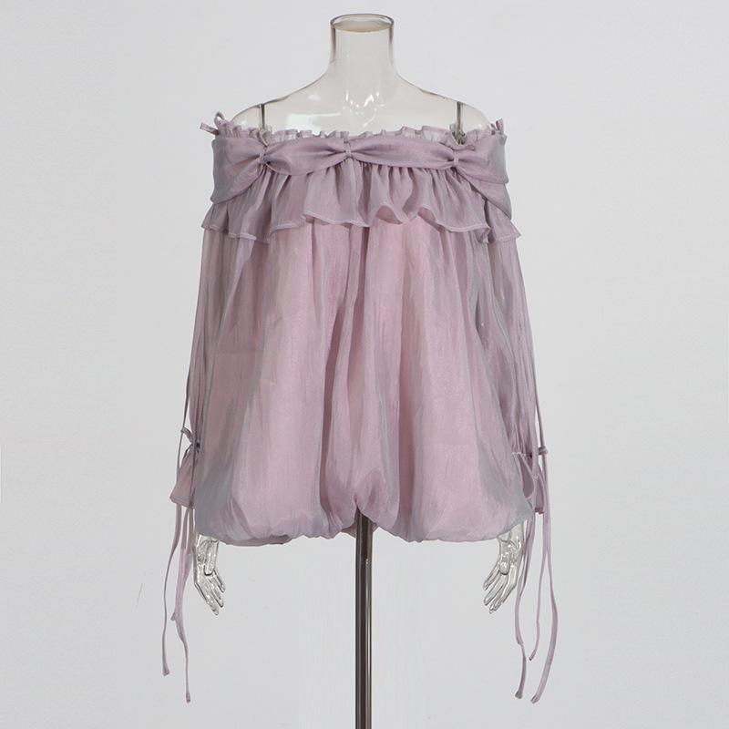 

Високоякісна французька сорочка на одне плече з дерев яним оздобленням у вигляді вуха: Літній топ на шнурівці 2025 Large світло-фіолетового кольору