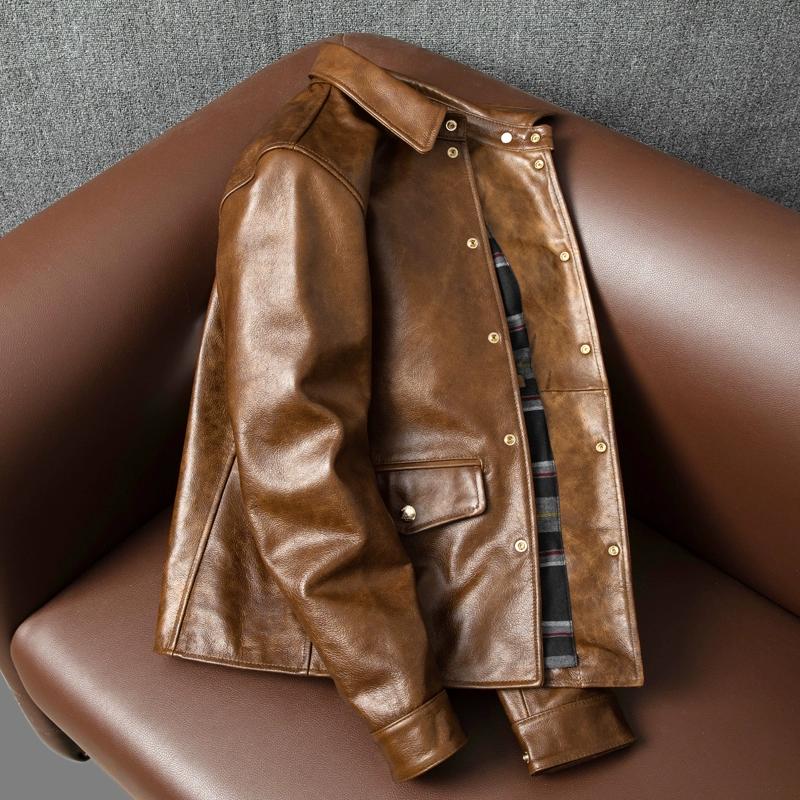 Genuine Leather Jacket for Men Top Grain Cowhide Slim Fit Waxed Tea Core Biker Coat