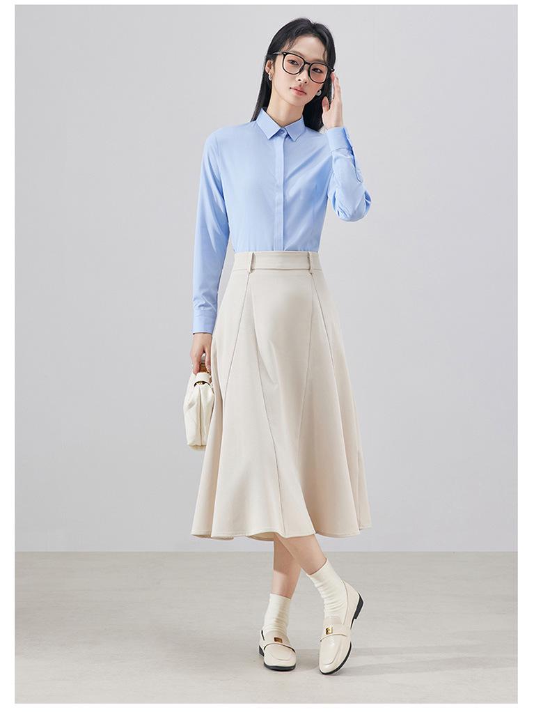 Women's Blue Long-Sleeve Professional Shirt - Solid Color, Ideal for Spring/Autumn Office and Interview Wear