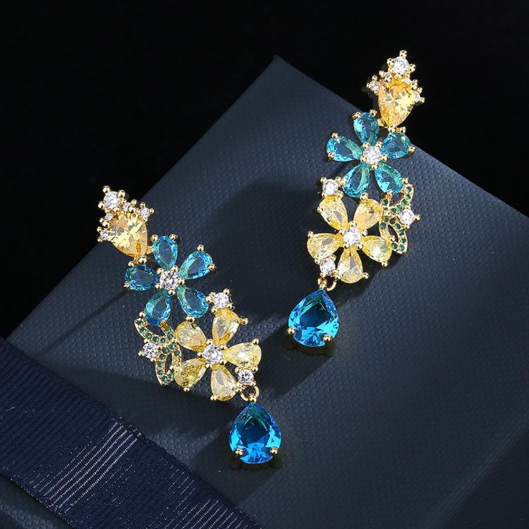 Bohemia Colored Zircon Flower Earrings European and N Fashion Heavy Industry Earrings New Style Personality