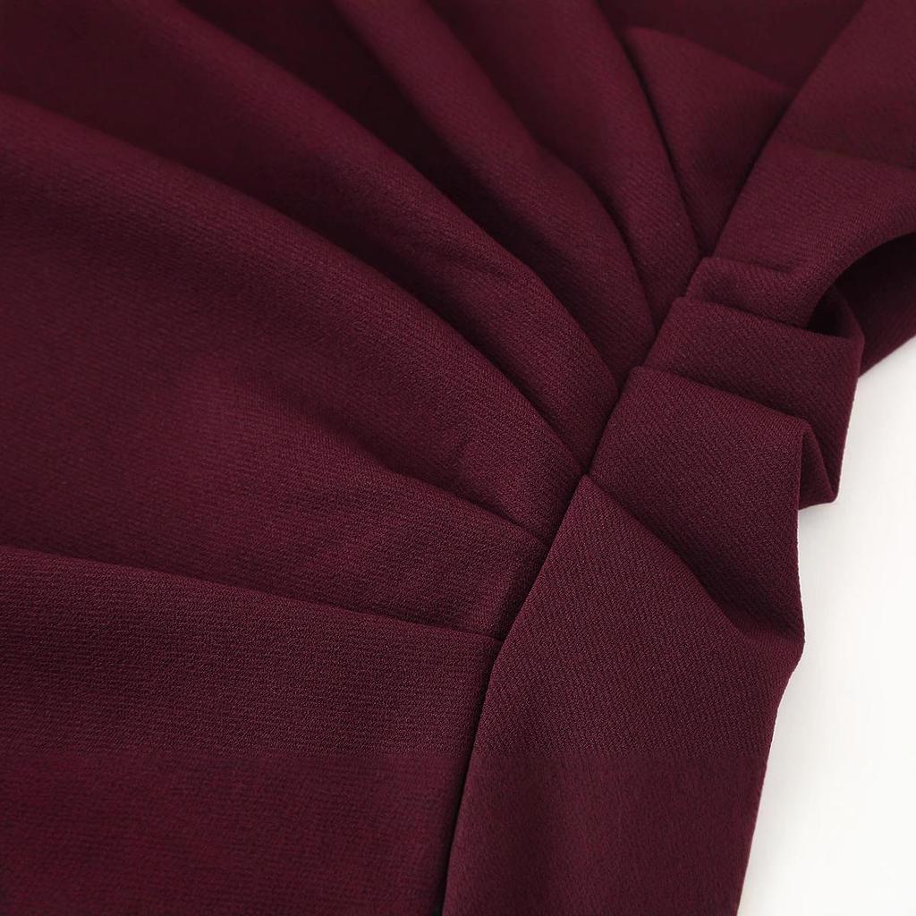 Spring 2025 Women's European & American Style Pleated Midi Dress - Short Sleeve, Round Neck