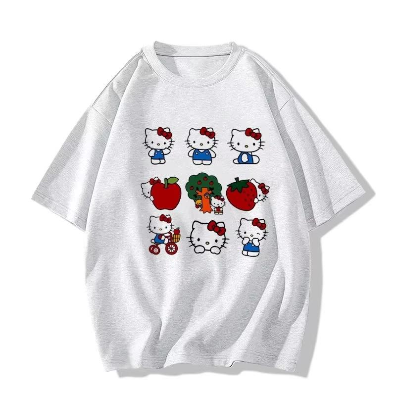 2026 Summer Hello Kitty Fruit  Play Oversized Tshirt High Quality 100 Cotton Apple  Strawberry Print Unisex Casual Tee