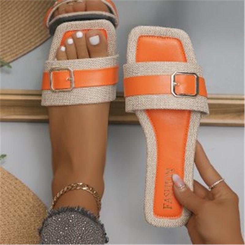 European and American Large-size Metal Buckle Flat Bottom Square Head One-word Slippers, Wearing Versatile Open-toed Dongmen Retro Cool Slippers Women