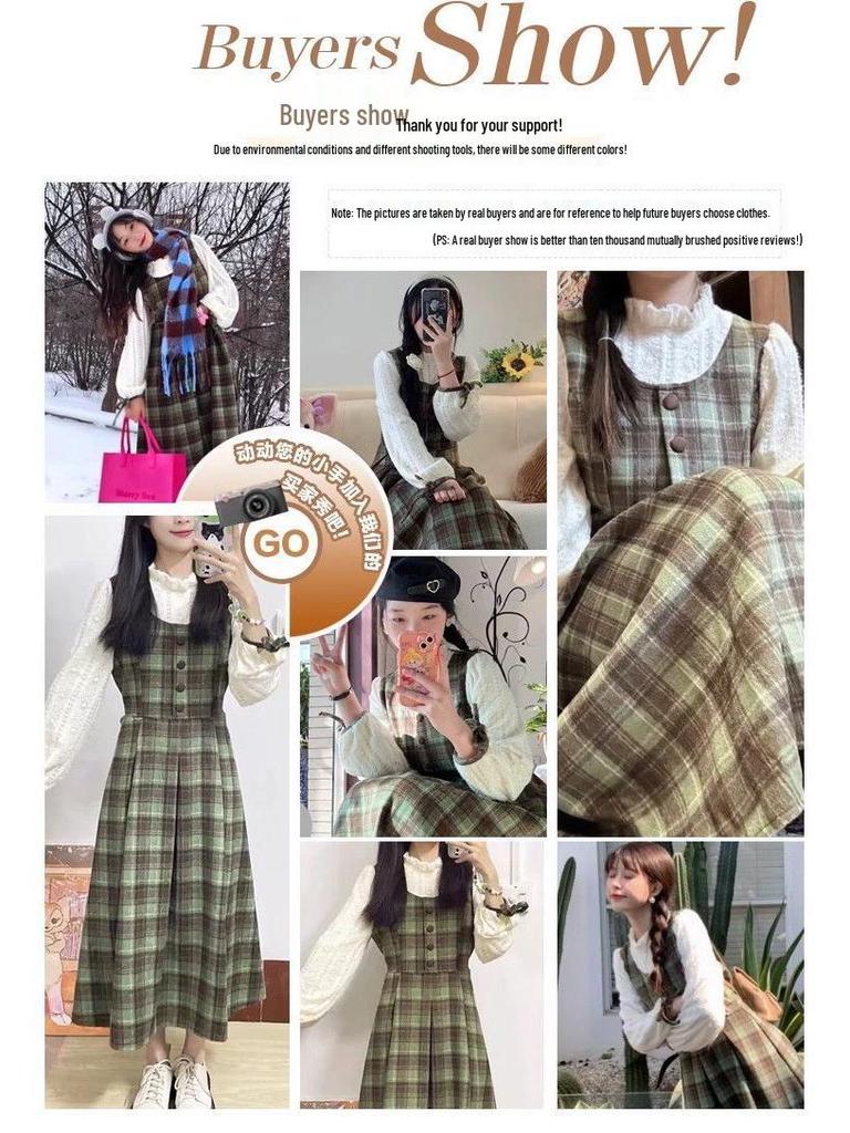Green Plaid Puff Sleeve Waist-Cinched Two-Piece Patchwork Dress for Female Students - Slimming Long Dress for Spring and Autumn