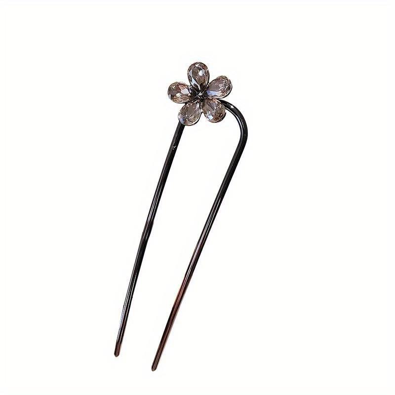 Elegant Rhinestone Flower U-Shaped Hairpin for Women, Simple Black Color Hair Sticks, Summer Hair Accessories