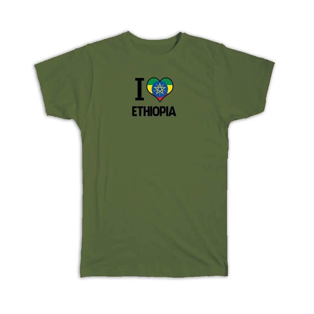Gift T-Shirt : I Love Ethiopia Flag Heart Country Crest Ethiopian Expat S