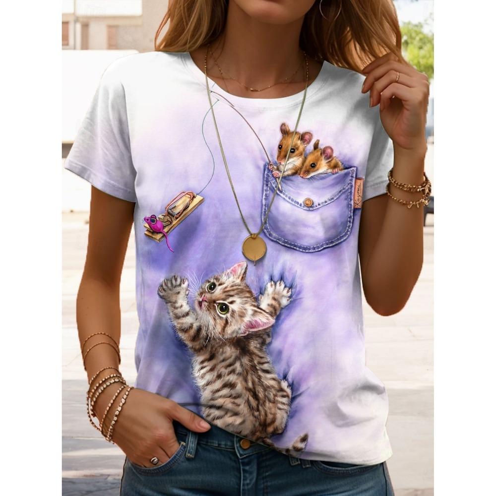 Söt kattmönster 3D-tryckt T-shirt dam sommar O-hals kortärmad topp street lös