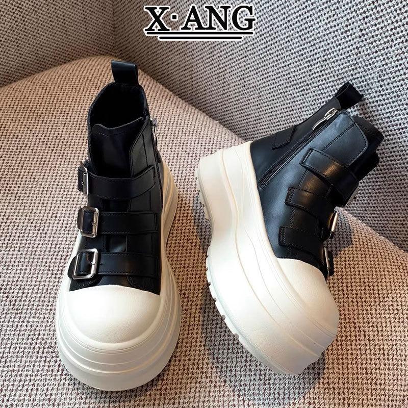 Leather Martin boots women's muffin thick sole heightening small short boots autumn and winter new casual high-top shoes women