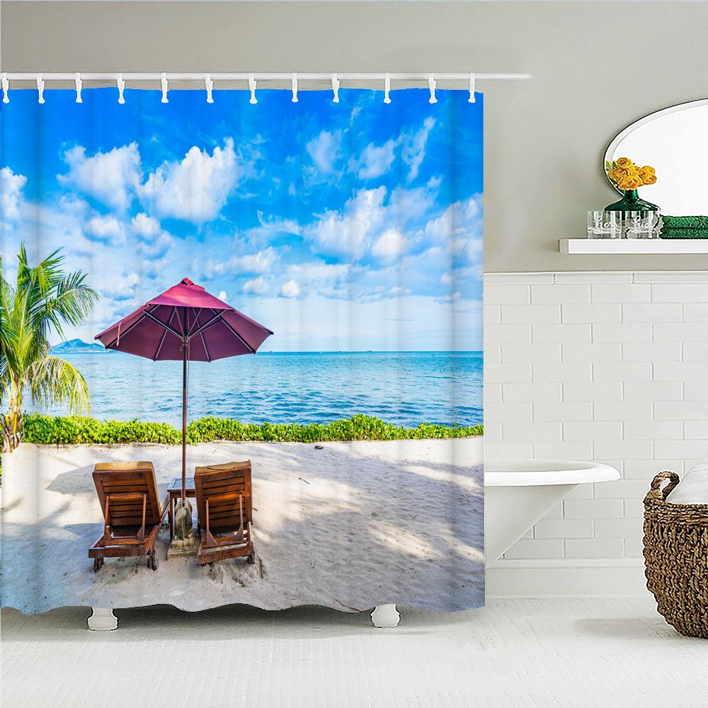 

High Quality Sunny Sea Beach Scenery Fabric Shower Curtain Waterproof Printing Bath Curtains For Bathroom Decorate With Hooks W60H190(CM)-1 Pcs