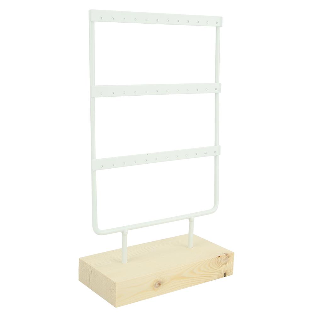 Estante de Metal para Almacenamiento de Joyería de 36 Agujeros Soporte de Exhibición Organizador de Aretes Collar con Base de MaderaBlanco