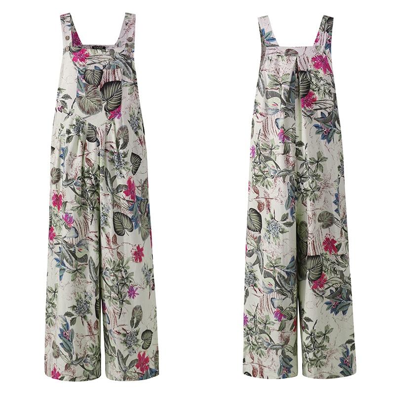 Women Sleeveless Floral Printed Jumpsuit Rompers Wide Leg Bib Pants Long Trousers Suspenders Overalls Pantalon Femme