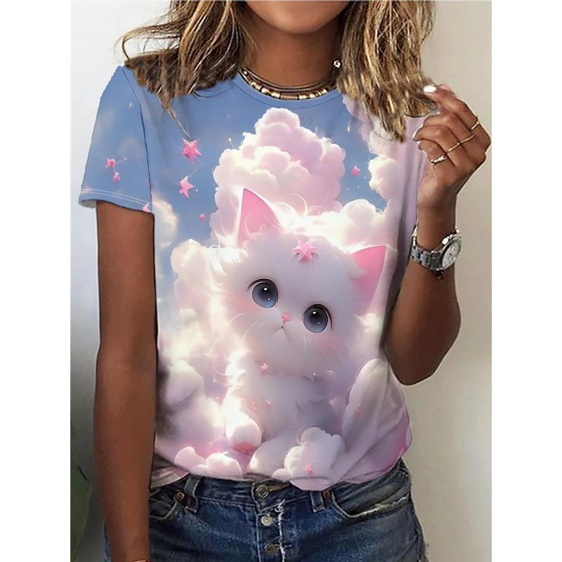 Fashion Women Cute Summer Cartoon Animal Cat 3D Printed T-Shirt Women Street Casual Y2k Short Sleeve T-Shirt Crew Neck Clothing