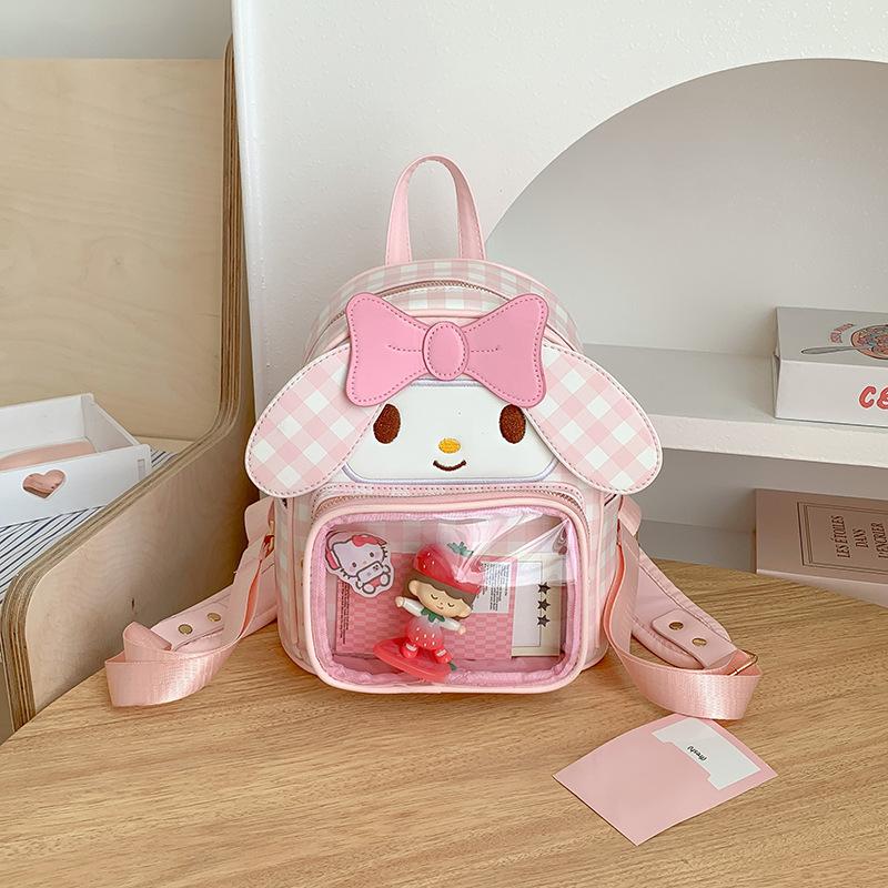 Sweet plaid backpack two-dimensional transparent pain bag cute cotton doll girl going out portable backpack