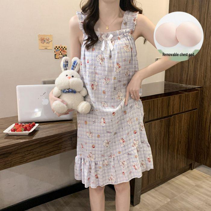Damen Sommer Süßes Bubble Baumwoll Nachthemd mit Brustpolster Spaghettiträgern - Leichte, Stilvolle Homewear für Drinnen und Draußen
